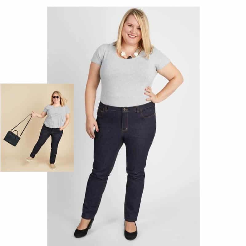 Model Wearing Cashmerette Sewing Pattern for Ames Jeans - Intermediate