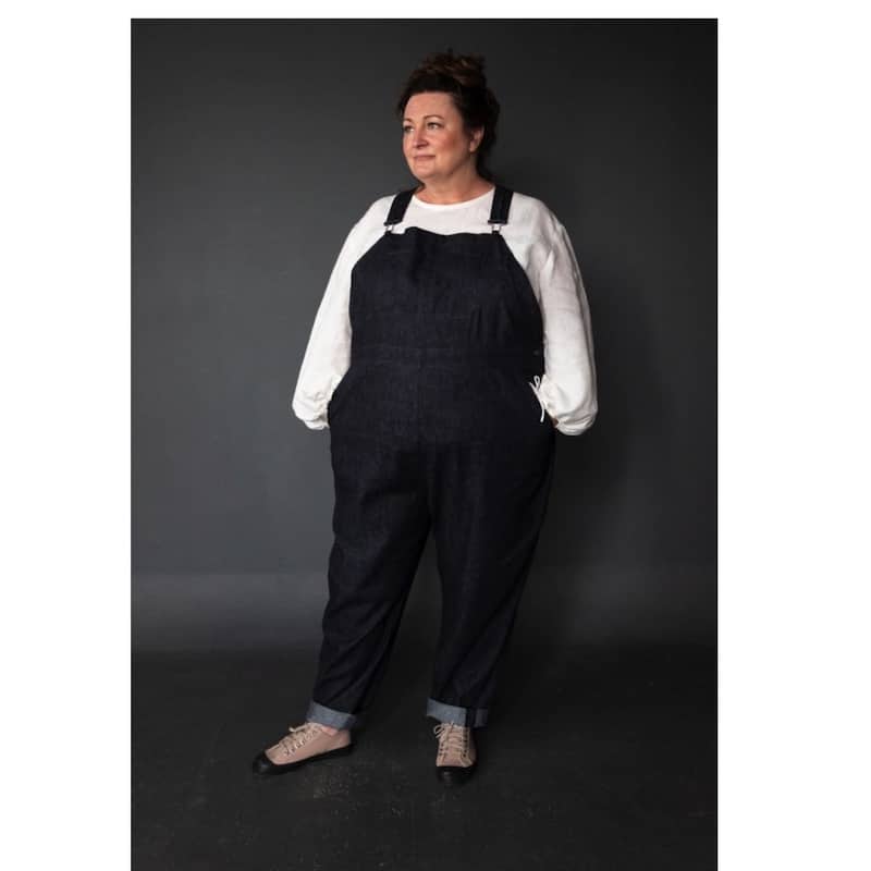 lady wearing the Harlene dungarees from Merchant and Mills in black