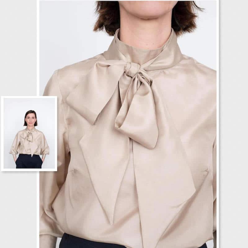Fashion Model Wearing Assembly Line Sewing Pattern for Tie Bow Blouse - Average XS - L