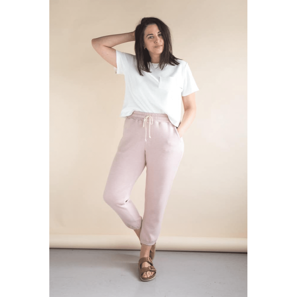 Fashion Model Wearing Closet Core Sewing Pattern for Plateau Joggers or Shorts - Moderate