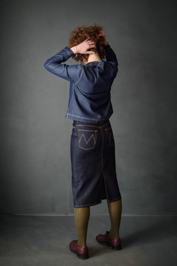 Fashion Model Wearing Merchant and Mills Sewing Pattern for The Clementine Denim Skirt - Experienced 6 - 18