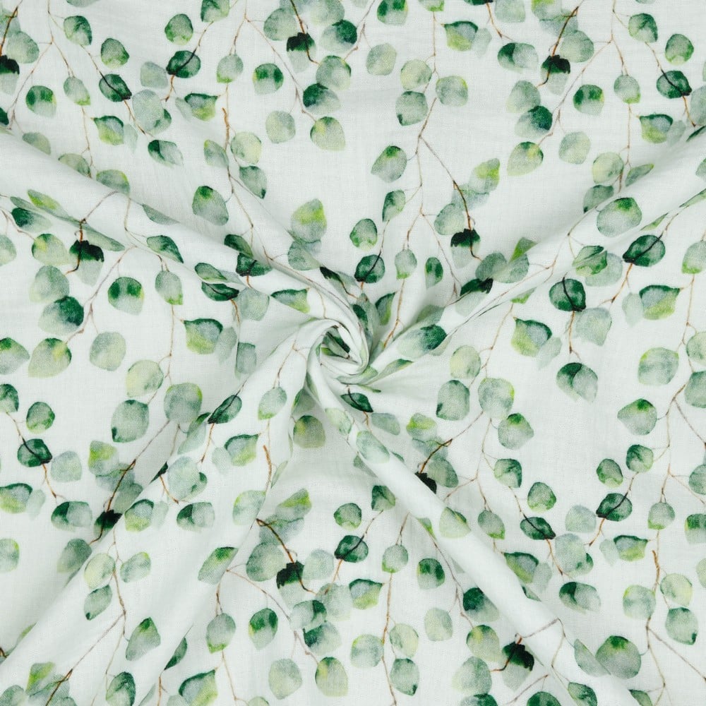 Organic Eucalyptus Garden Digital Double Gauze Fabric in White Green