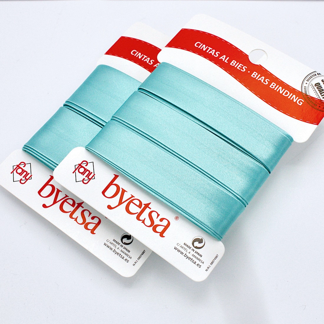 5 metres of Pre-packed Satin Bias Binding Tape in 18mm and 30mm width in Pale Turquoise 24
