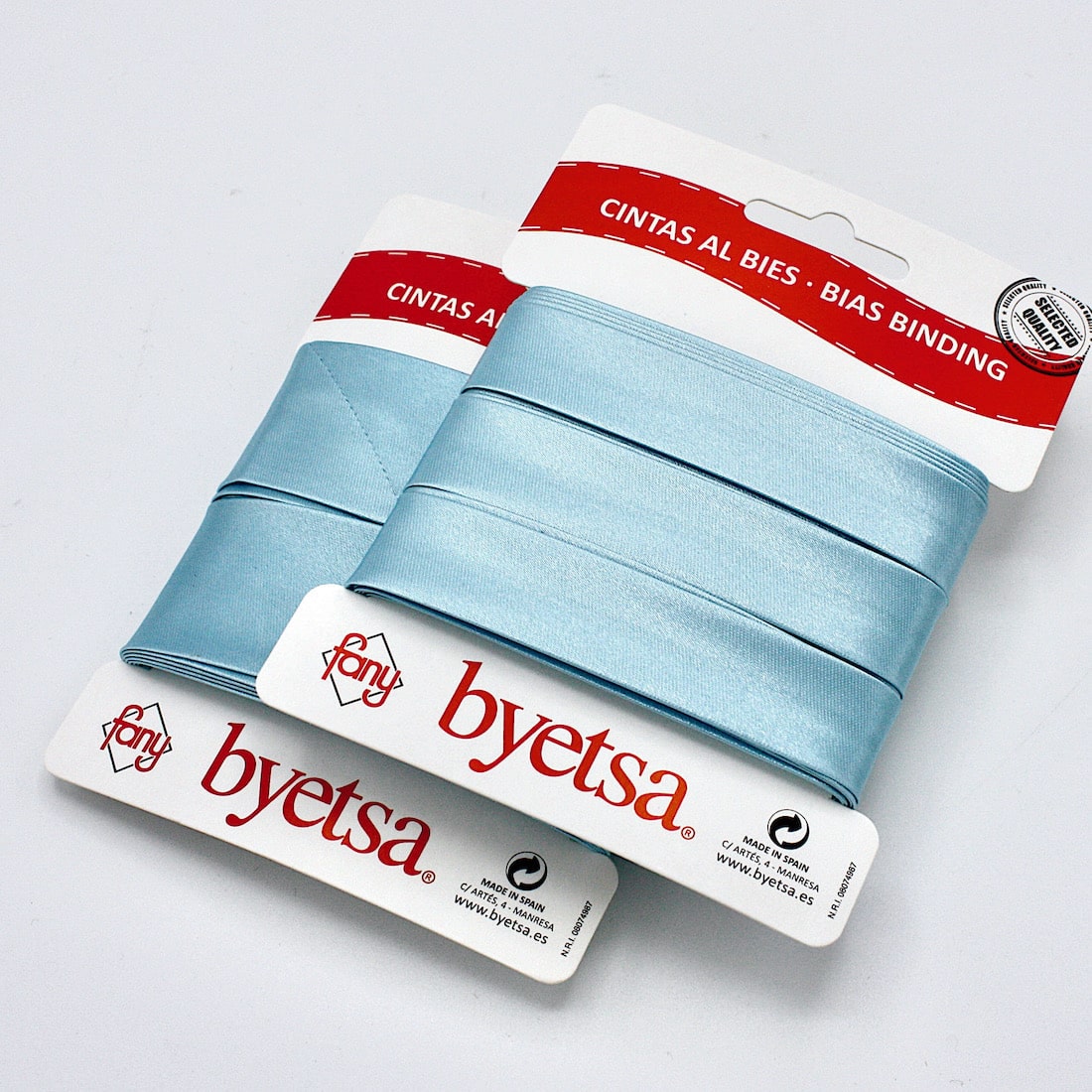 5 metres of Pre-packed Satin Bias Binding Tape in 18mm and 30mm width in Pale Blue 315