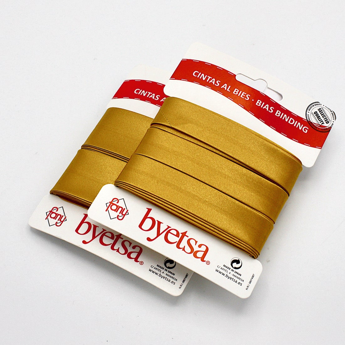 5 metres of Pre-packed Satin Bias Binding Tape in 18mm and 30mm width in Rich Gold 439
