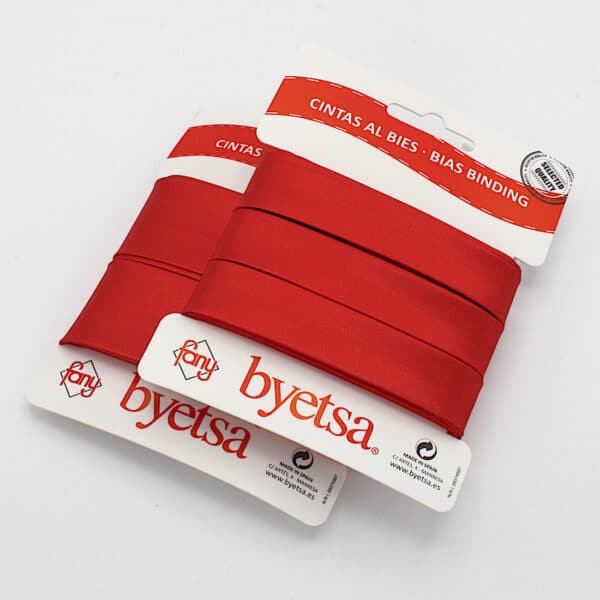 5 metres of Pre-packed Satin Bias Binding Tape in 18mm and 30mm width in Pillar Box Red 46