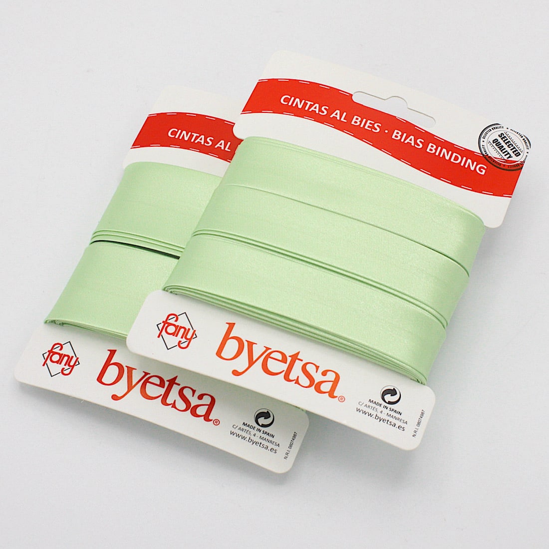 5 metres of Pre-packed Satin Bias Binding Tape in 18mm and 30mm width in Pastel Green 89