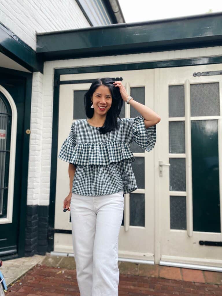 fibre mood gingham double gauze top in blue