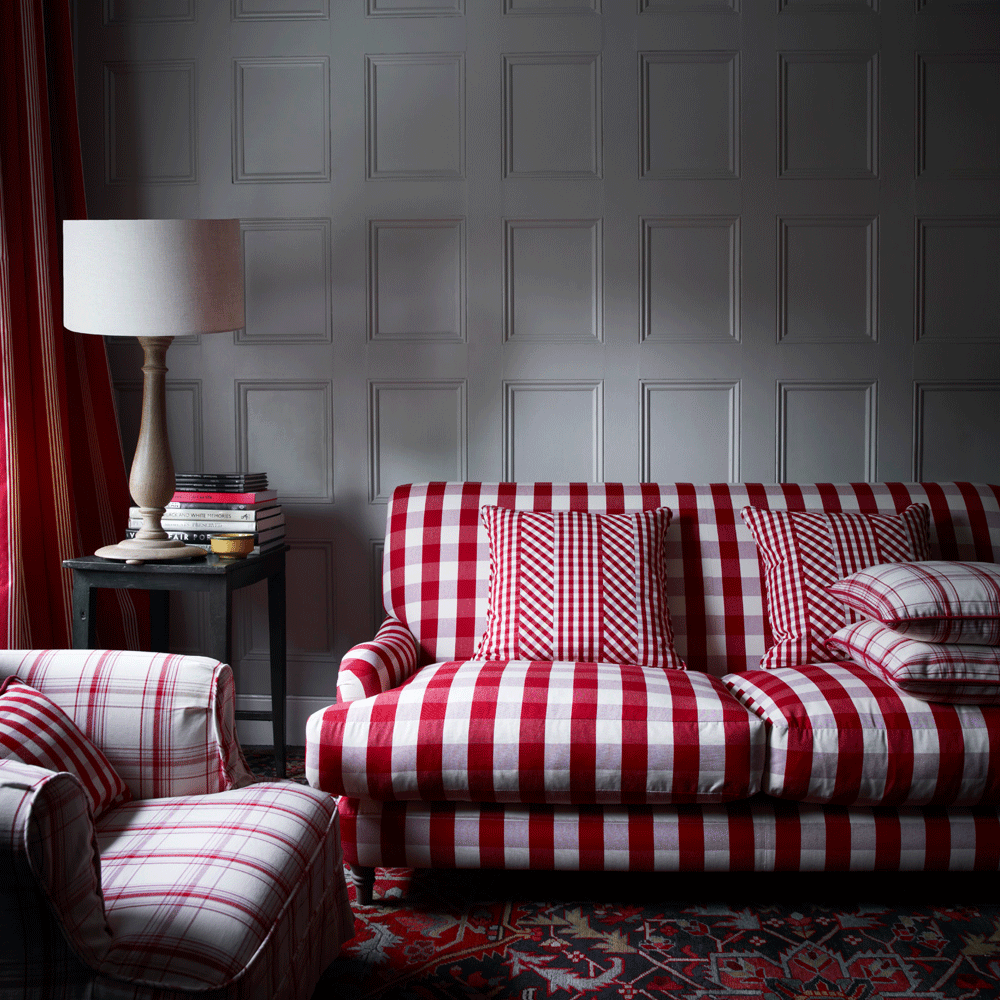 red gingham sofa and cushions