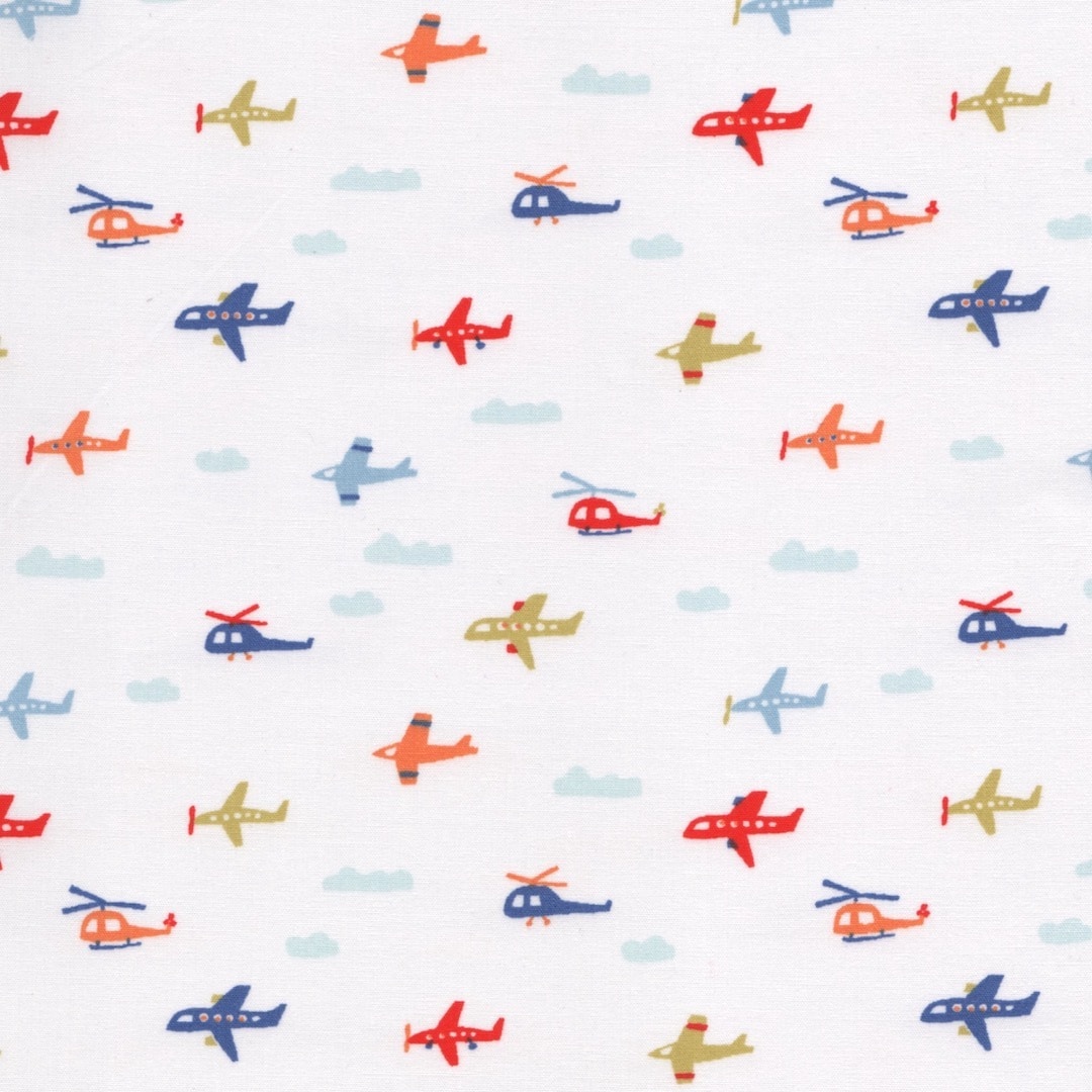 Mini Planes and Helicopters Cotton Poplin Fabric in White