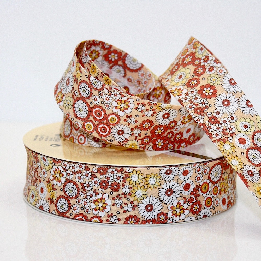 25m roll of Organic Desire Floral Byetsa Fany Bias Binding Tape with 30mm width in 39 Orange