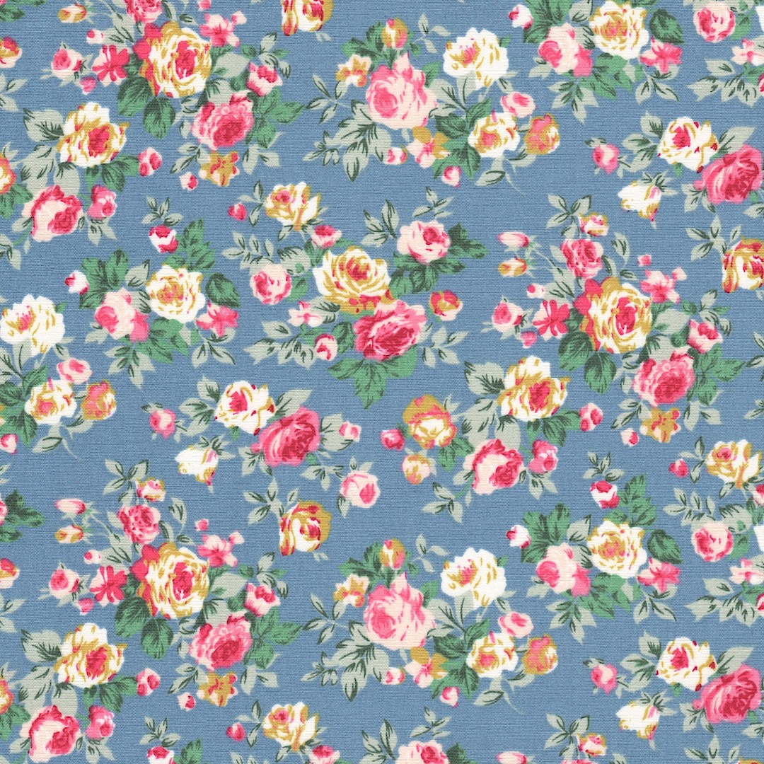 Rose and Hubble Floral Cotton poplin fabric with Ham House Fields print in Blue