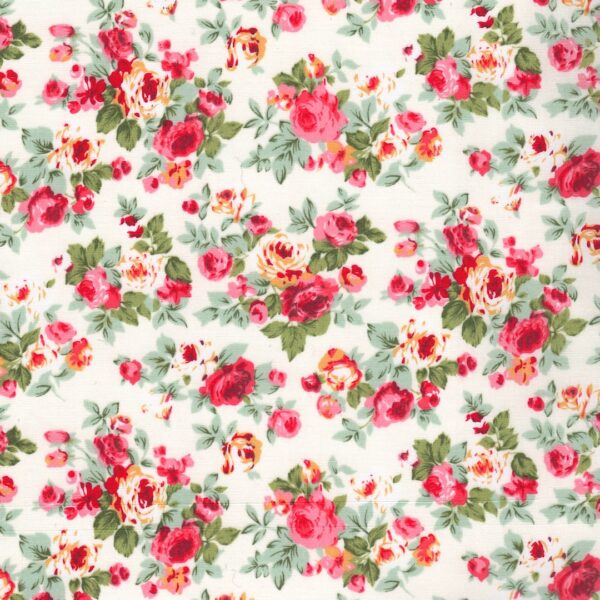 Rose and Hubble Floral Cotton poplin fabric with Ham House Fields print in Ivory