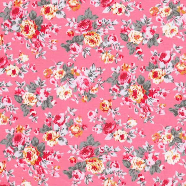 Rose and Hubble Floral Cotton poplin fabric with Ham House Fields print in Pink