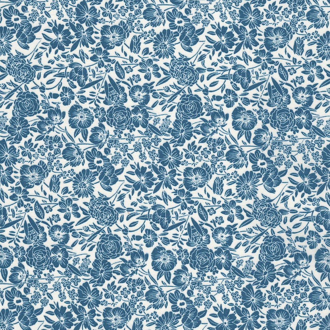 Rose and Hubble Floral Cotton poplin fabric with Indigo Fields print in Copen Ivory