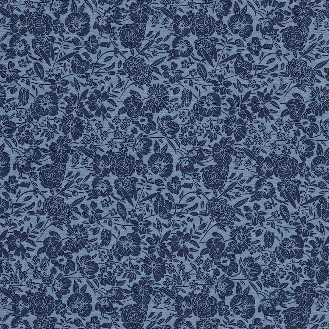 Rose and Hubble Floral Cotton poplin fabric with Indigo Fields print in Jean Blue