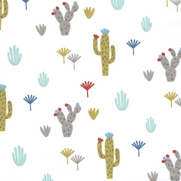 Blue Dinosaur Cotton Fabric in Sapik in Cactus Desert in White