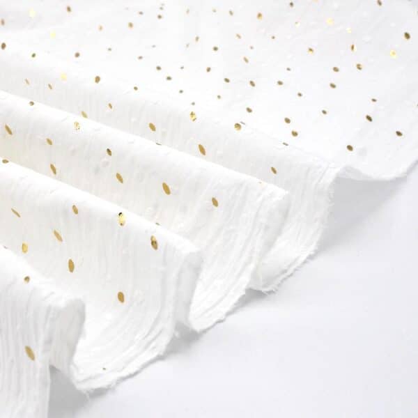 Dotted Swiss Dobby Gold Dot Foil Voile Fabric  in Ivory / Soft White