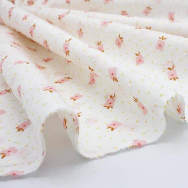 Dotted  Swiss Dobby Primrose Floral Voile Fabric in Ivory White / Pink