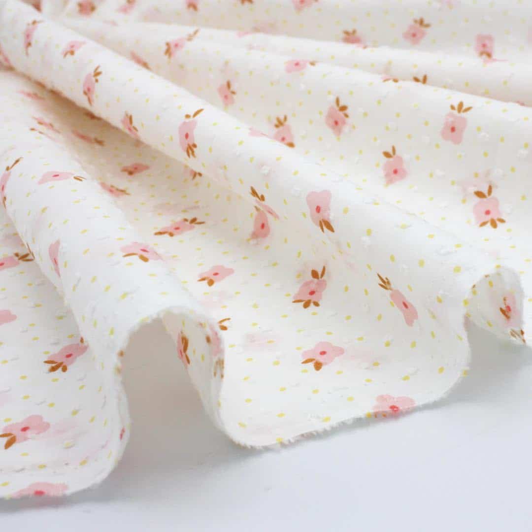 Dotted  Swiss Dobby Primrose Floral Voile Fabric in Ivory White / Pink