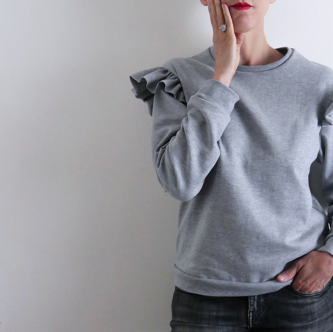 Model Wearing Ikatee Couture Sewing Pattern for Jasmin MUM Sweatshirt or Sweatdress