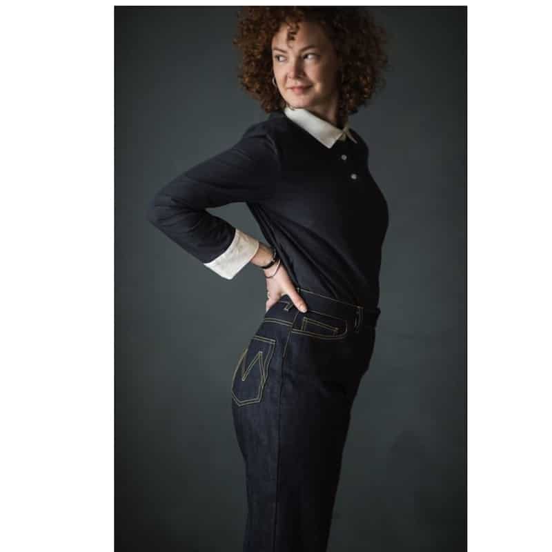 lady wearing denim jeans from Merchant and Mills pattern Heroine