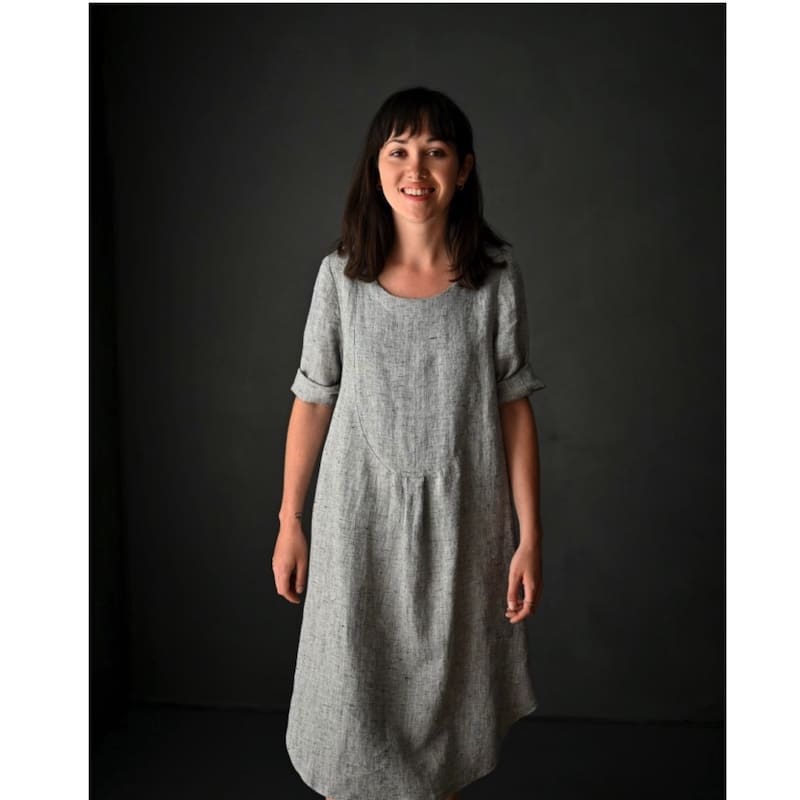 lady wearing a grey linen dress made from Merchant and Mills Pattern the shirt dress
