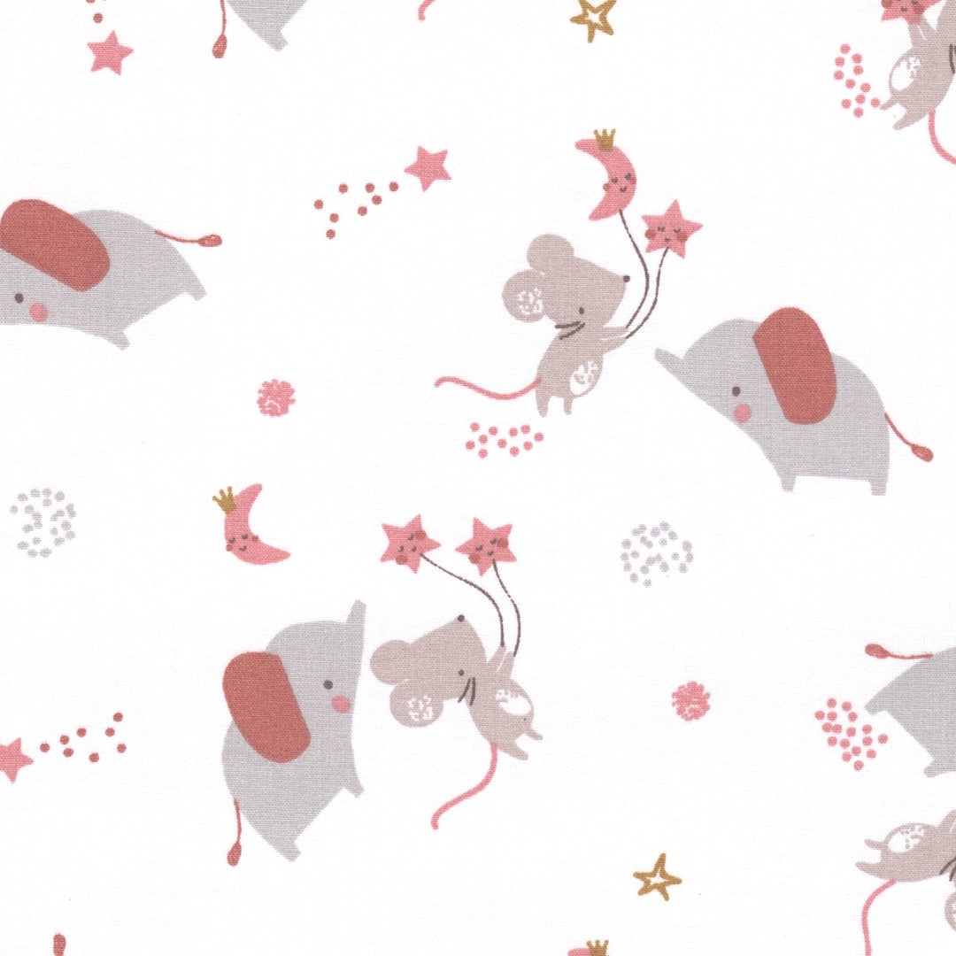 GOTS Organic Merveil Cotton Fabric in Main in Elephant & Mouse in White