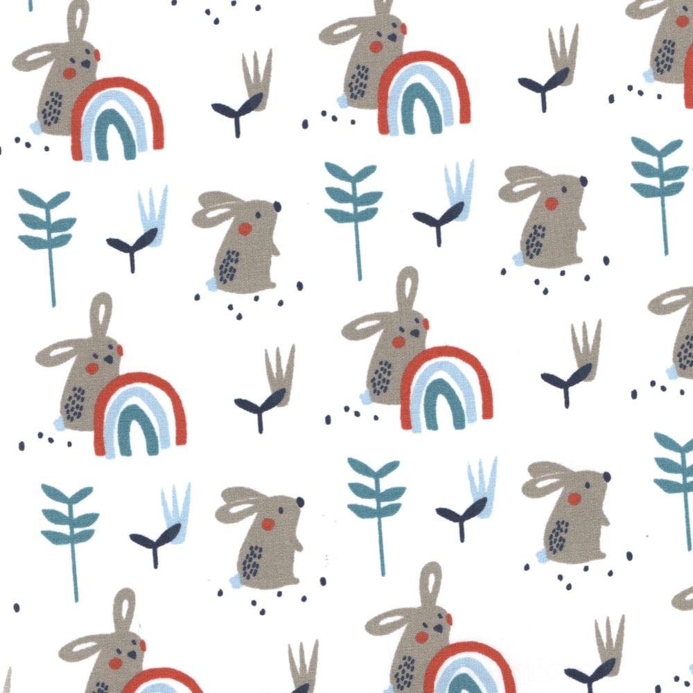 Padwan Red Panda Printed Cotton Fabric in Little Rabbits on White