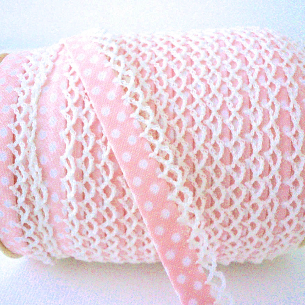 25m roll of Picot Lace Dot Bias Binding Trim - Blush Pink 32