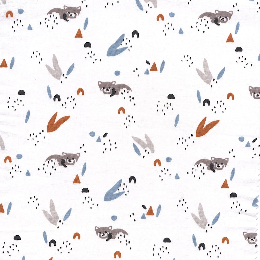 Rocket Raccoon Printed Cotton Fabric in Ticoon Mini Raccoons in White