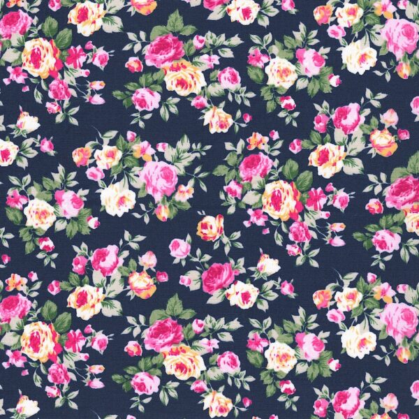 Rose & Hubble Floral Cotton poplin fabric with Ham House Fields print in Navy
