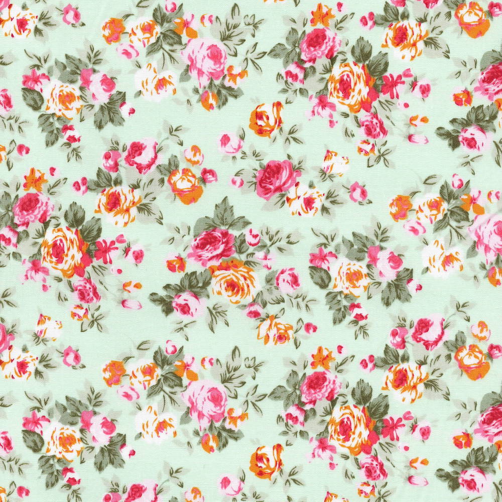 Rose & Hubble Floral Cotton poplin fabric with Ham House Fields print in Green