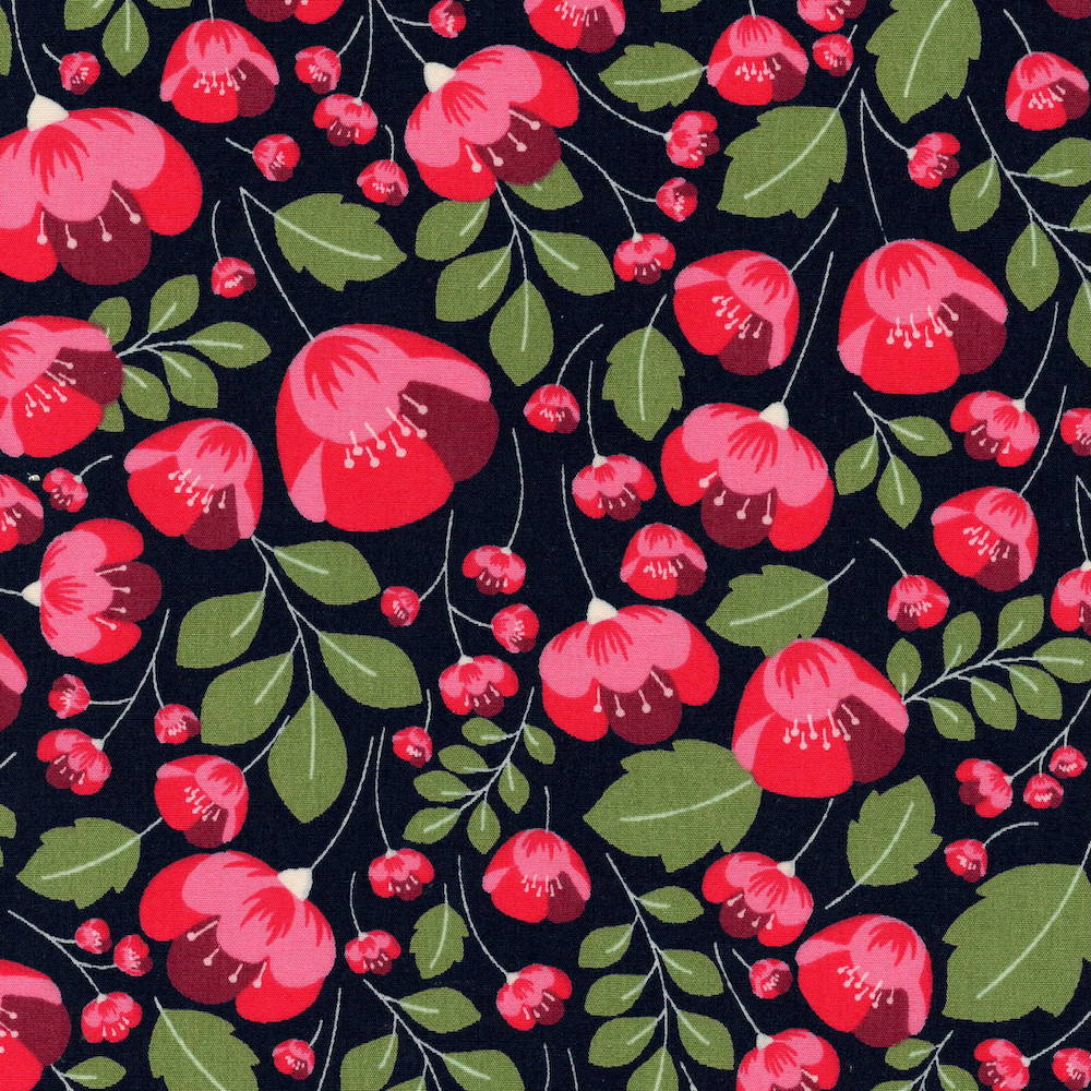Rose & Hubble Floral Cotton poplin fabric with Papaver print in Navy