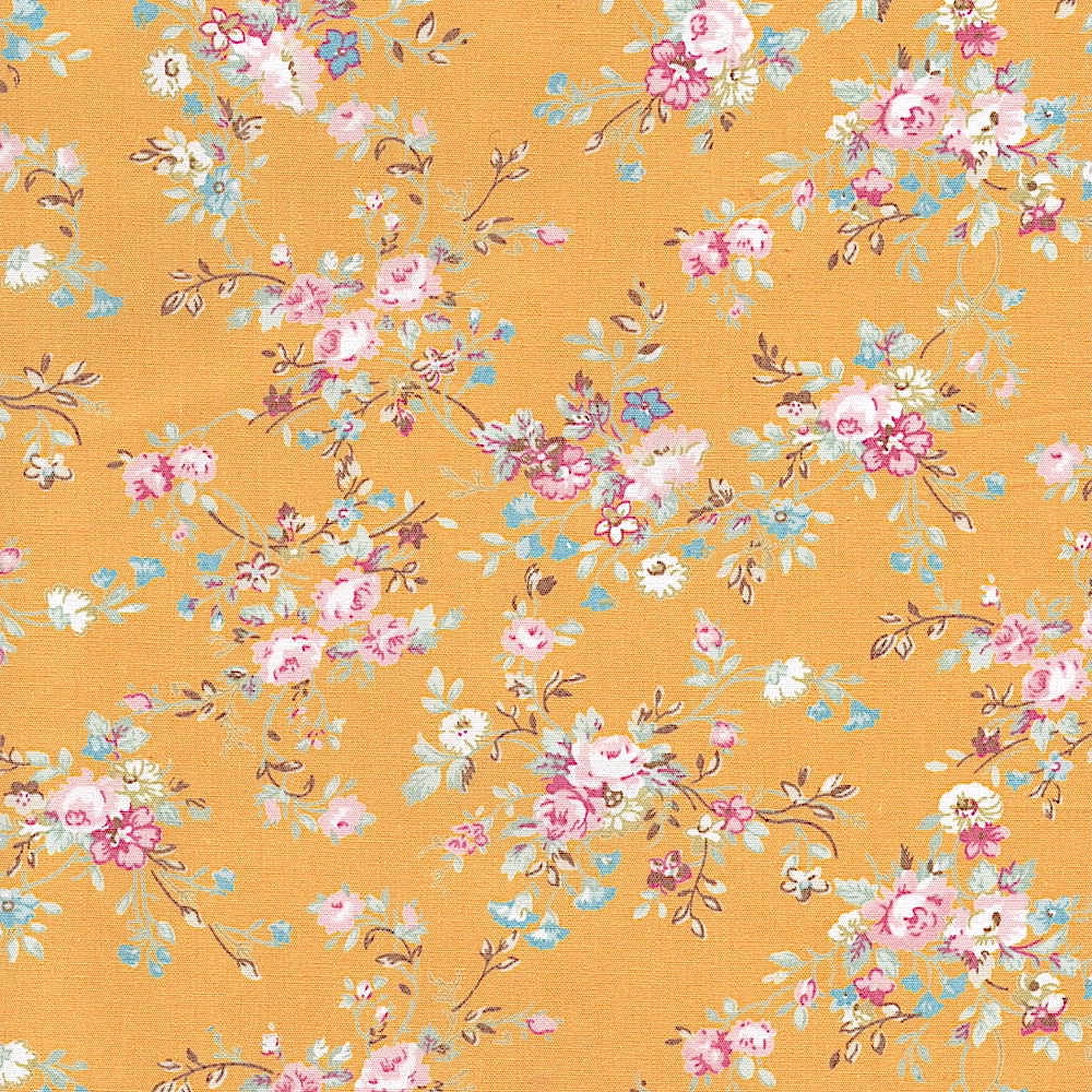 Rose & Hubble Floral Cotton poplin fabric with Regent Street print in Yellow