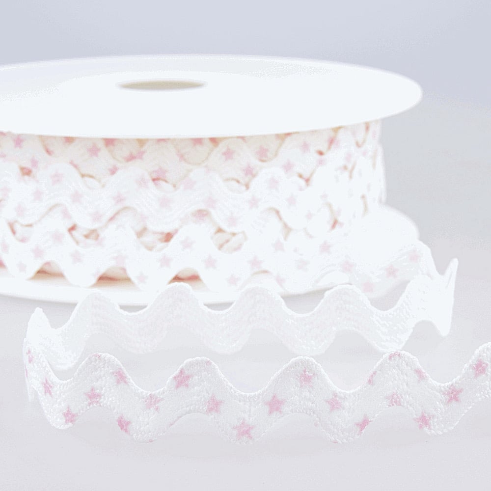 15mm Star Print Ric Rac Trim in White with Pink Star