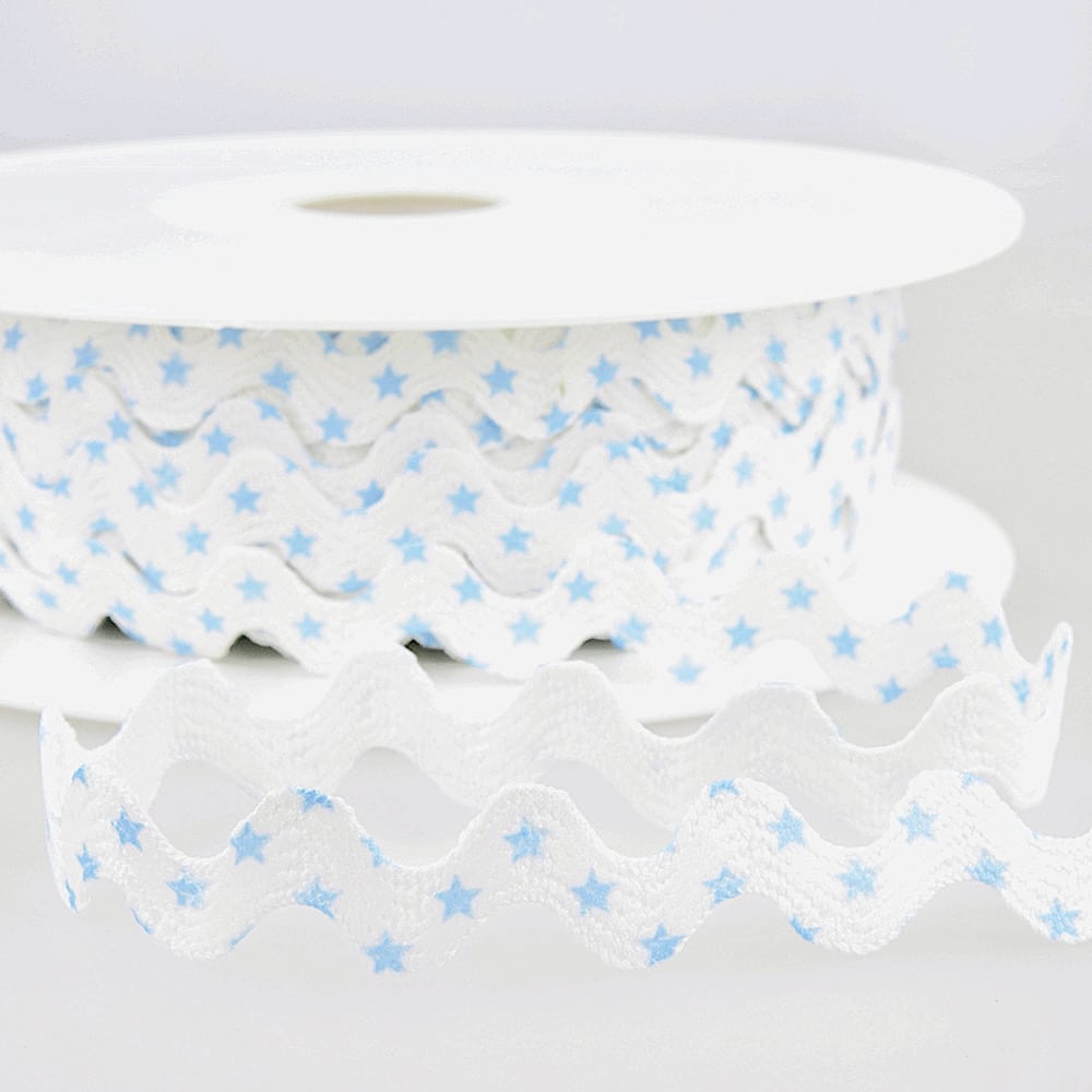 15mm Star Print Ric Rac Trim in White with Blue Star