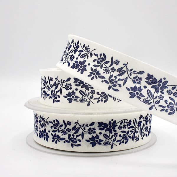 25m roll of Floral Trail Special Print Bias Binding Tape with 30mm width in Blue