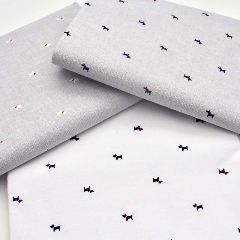 Chambray Tiny Scottie Dogs, Silver Grey / Navy Scottie. UK Fabric