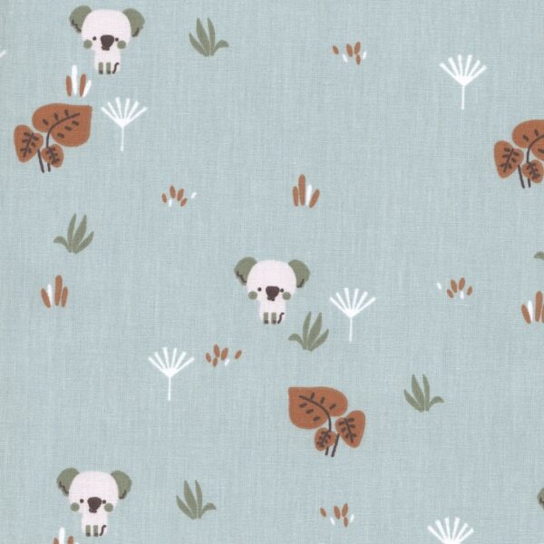 GOTS Organic Lundo Koala Cotton Fabric in Timiko Baby Koala in Blue/Grey