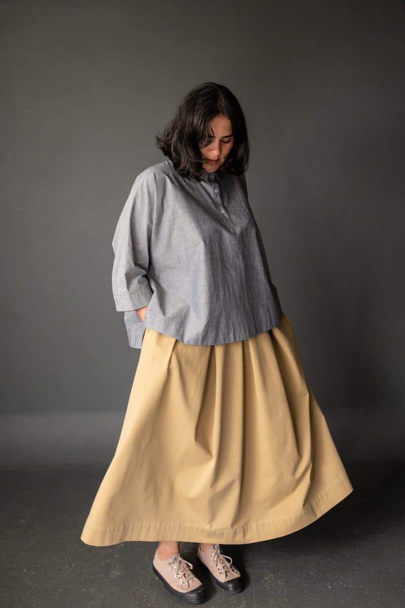 Fashion Model Wearing Merchant and Mills Pattern for The Shepherd Skirt - Intermediate 18 - 28