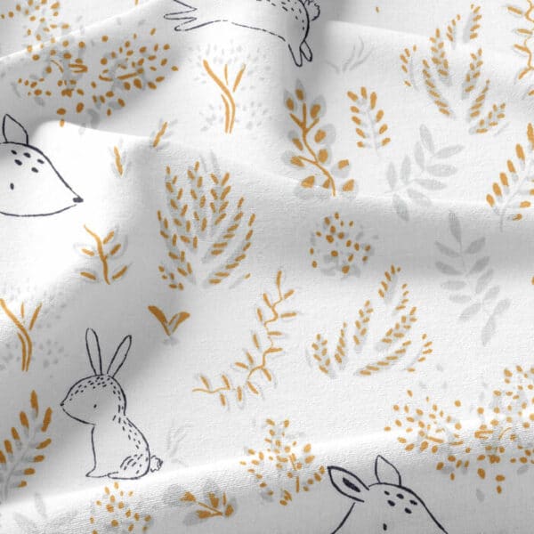 Fangorn Cotton Fabric Rabbit & Deer Main in White