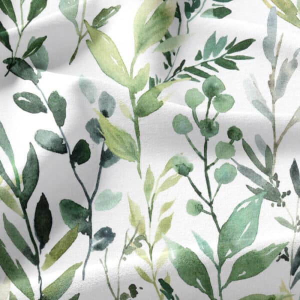 Digital Cotton Fabric Watercolour Leaves in Green