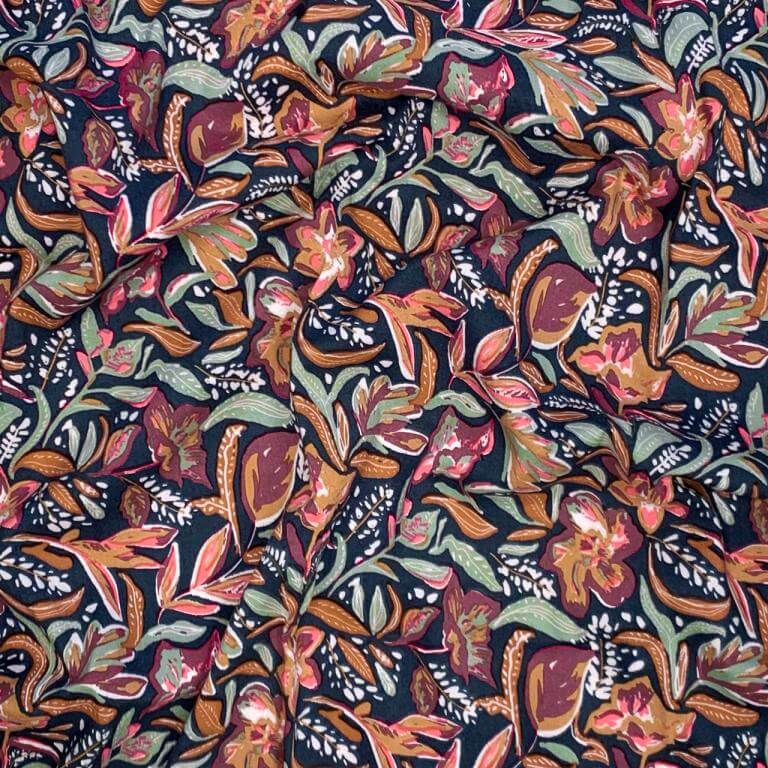 Printed Domotex Viscos Fabric Rayon Material with Suniva Floral pattern in Navy/Red
