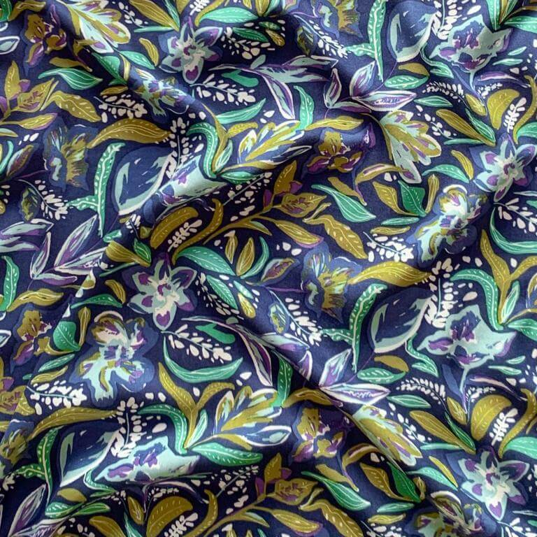 Printed Domotex Viscos Fabric Rayon Material with Suniva Floral pattern in Navy/Green