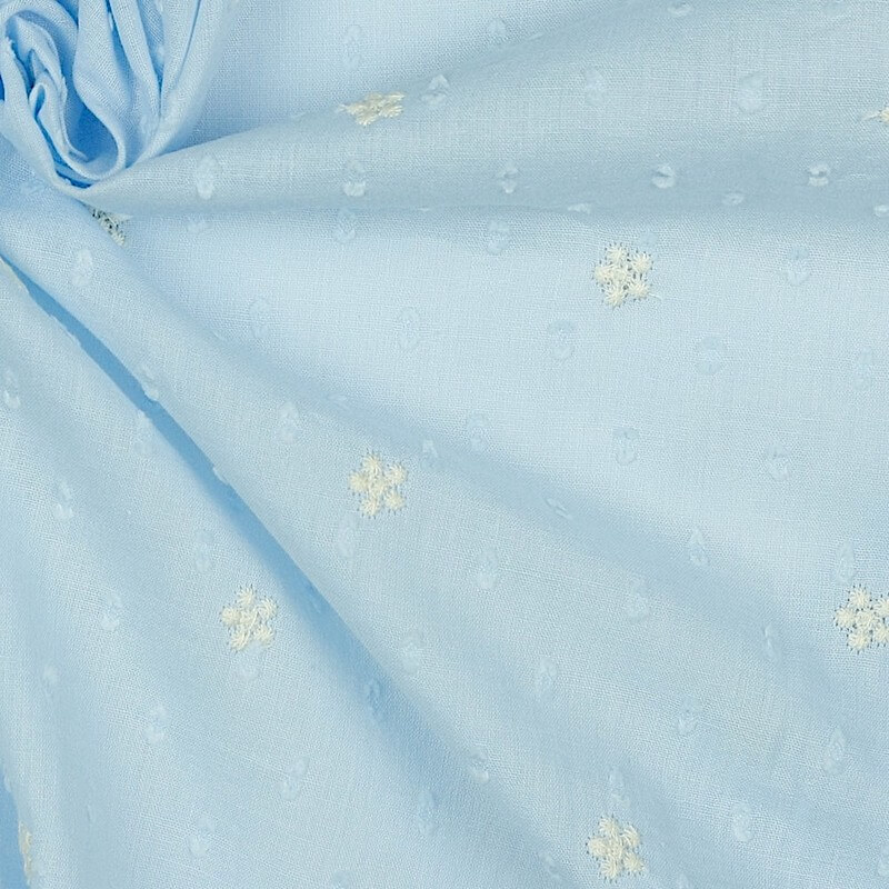 Embroidered Daisy Dotted Swiss Dobby Voile Fabric in Blue