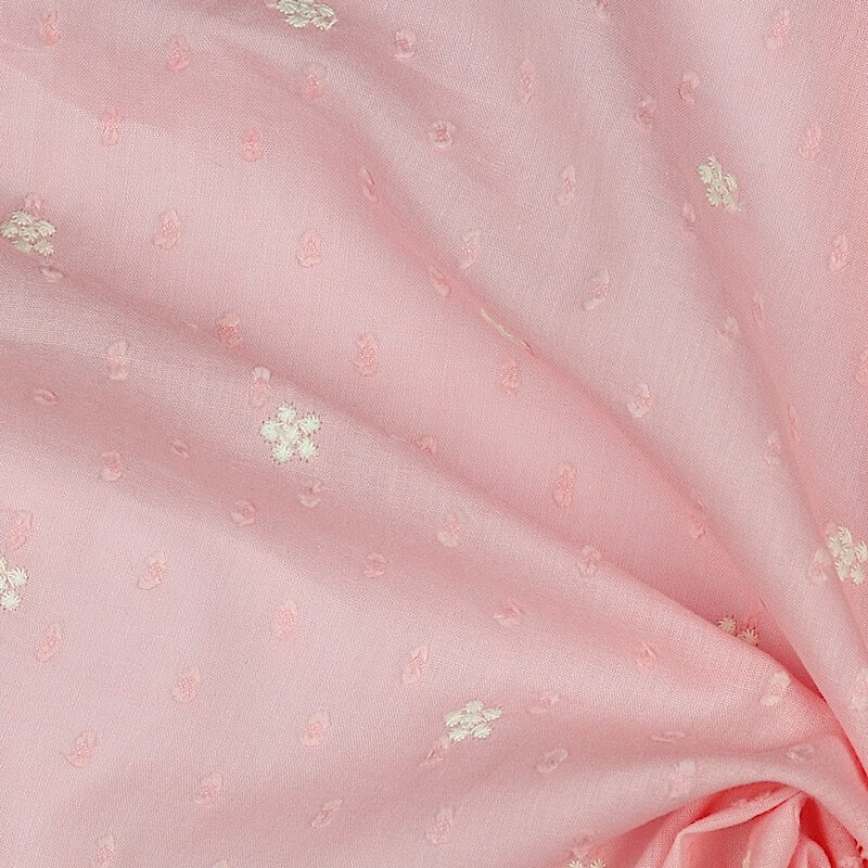 Embroidered Daisy Dotted Swiss Dobby Voile Fabric in Pink