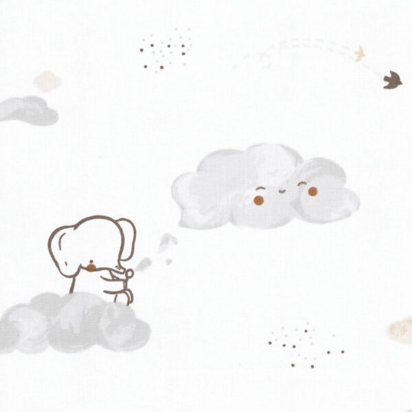 white jersey fabric with a little elephant sitting on a cloud