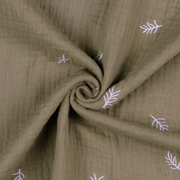 Autumn Leaf Embroidered Double Gauze Fabric in Sand
