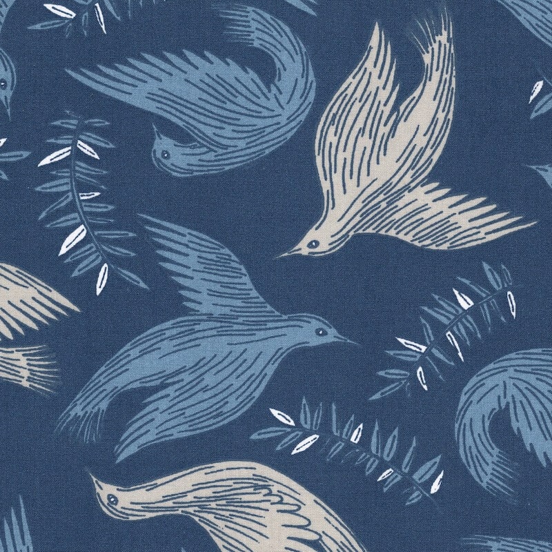 Mockingjay Main Birds Cotton Fabric on Indigo Blue